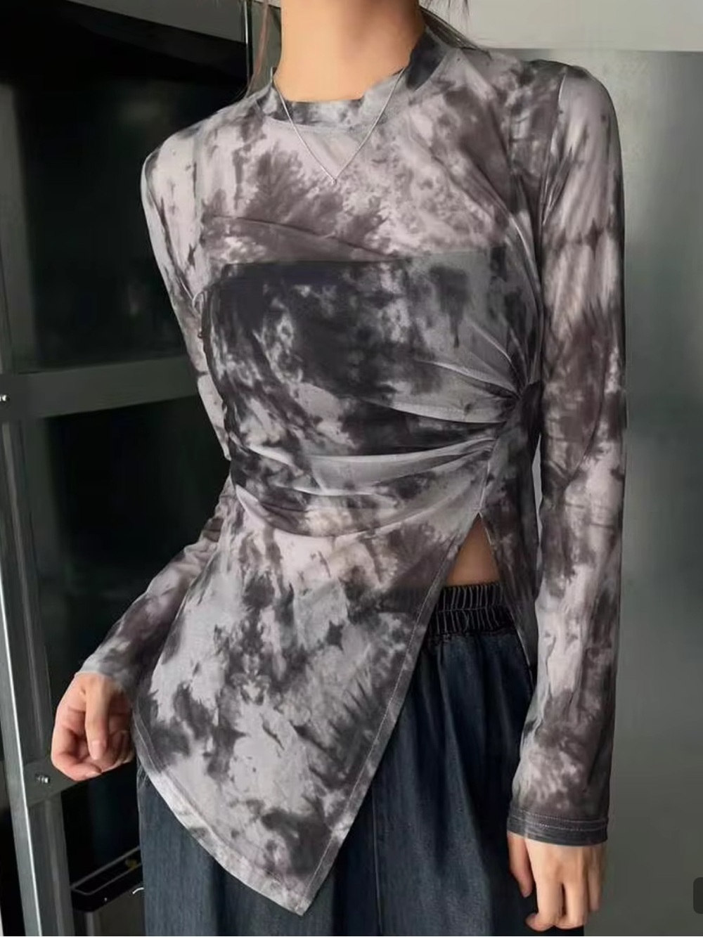 Tie-Dye Long Sleeve Asymmetric Sheer Top